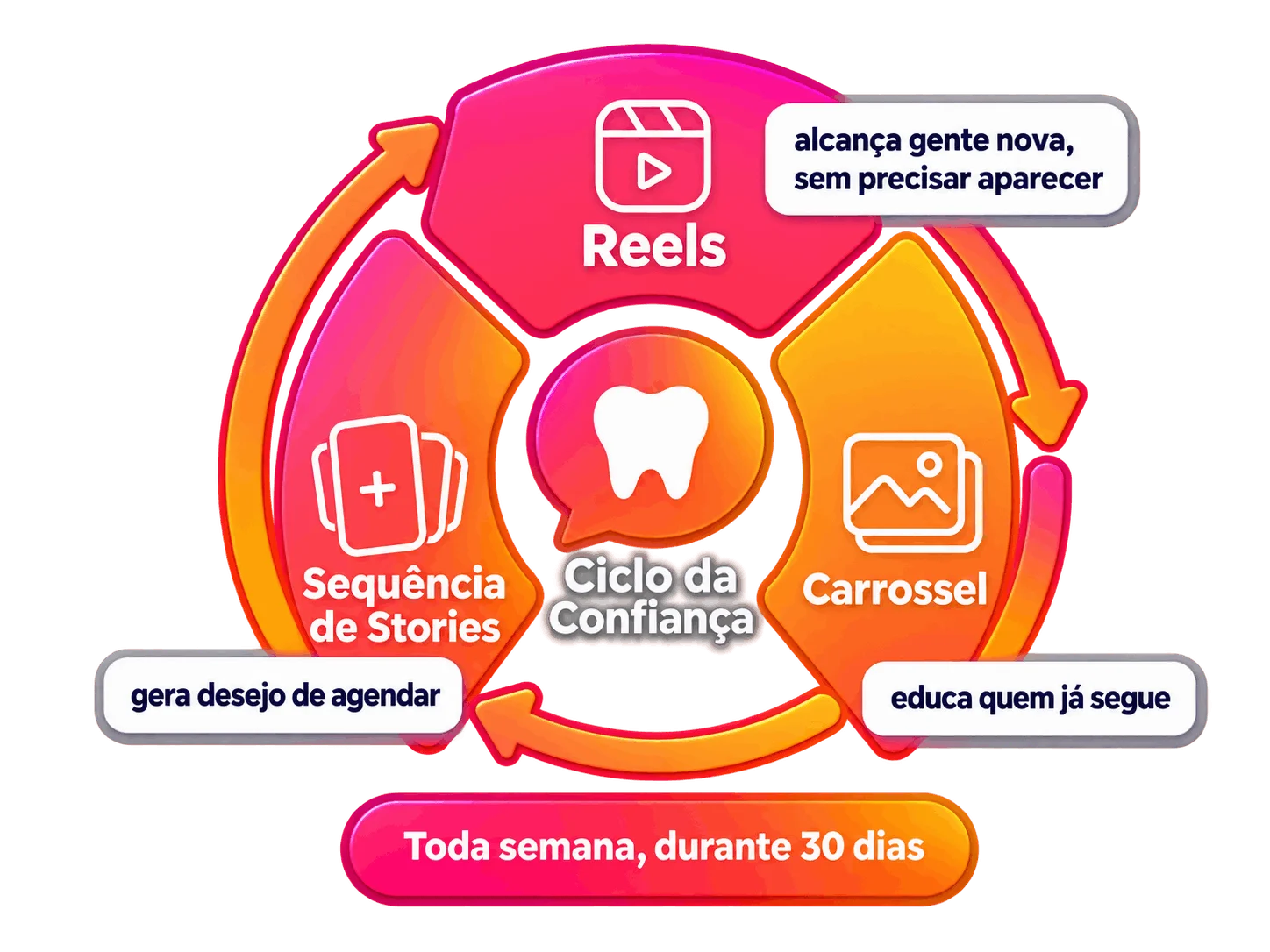 Diagrama do Ciclo da Confiança: Reels, Carrossel e Sequência de Stories ao redor do hub central, toda semana durante 30 dias