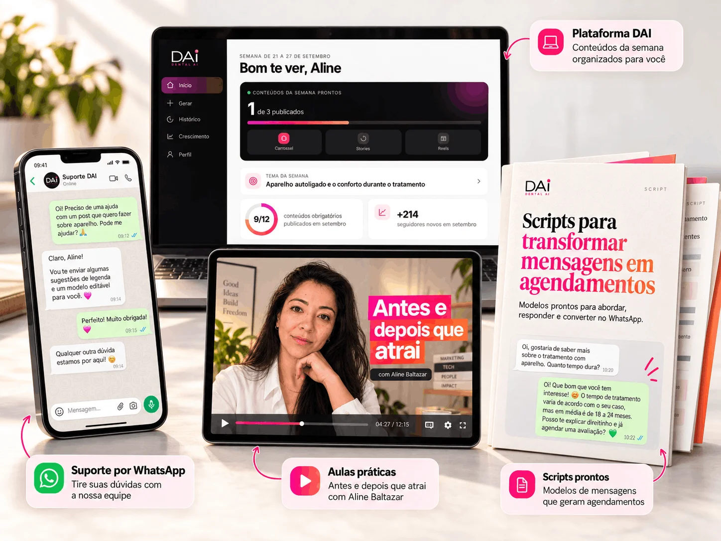 Tudo que você recebe no Desafio Dentista Sem Jaleco: plataforma DAI, suporte por WhatsApp, aulas práticas e scripts prontos