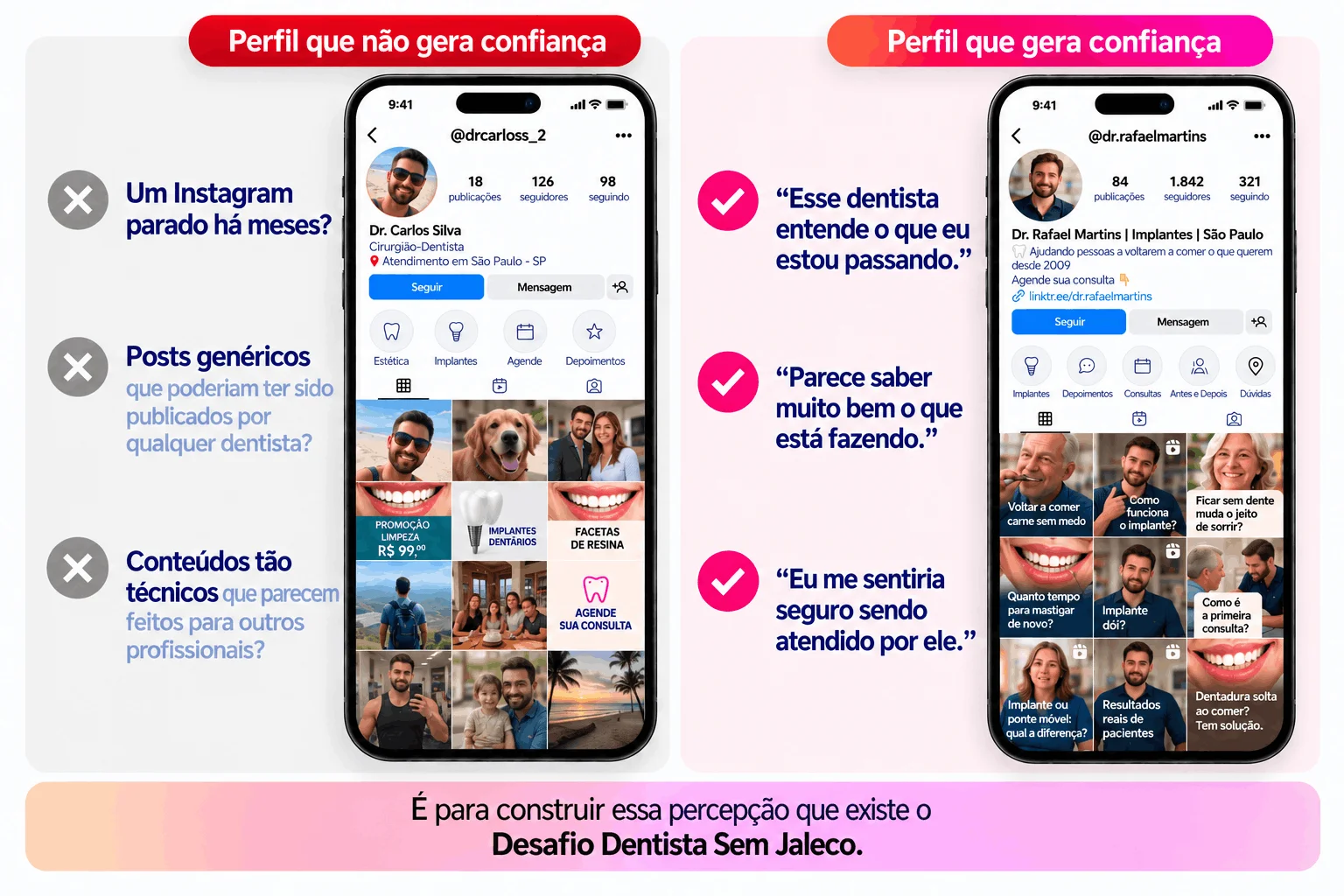 Comparação entre um perfil que não gera confiança e um perfil que gera confiança no Instagram, com os pensamentos do paciente ao lado de cada exemplo